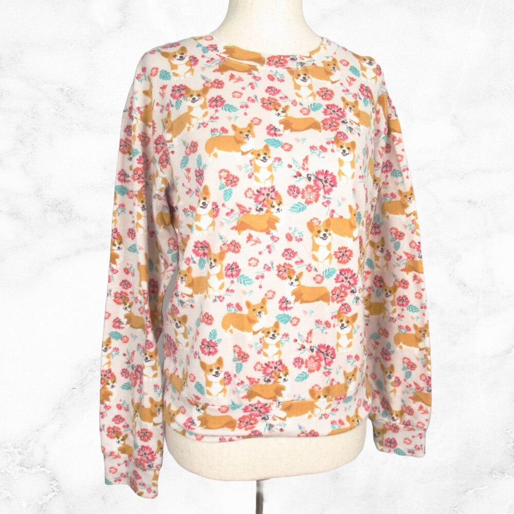 Lily White Floral Corgi Print Lightweight Sweatshirt Top S